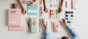 Personas creando y explicandole a un cliente que inicia su empresa que es la identidad corporativa