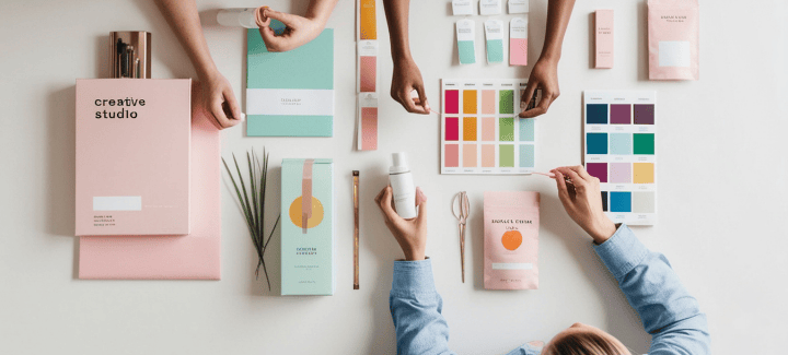 Personas creando y explicandole a un cliente que inicia su empresa que es la identidad corporativa