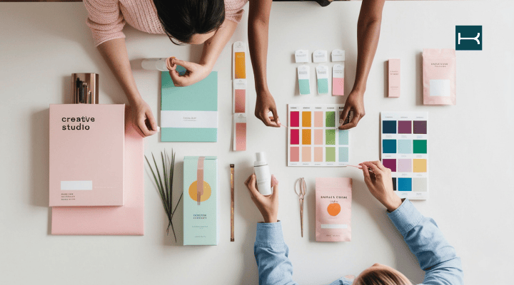 Personas creando y explicandole a un cliente que inicia su empresa que es la identidad corporativa