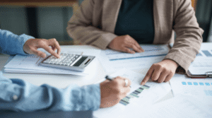 koop realizando una auditoria SEO sobre la mesa varios documentos de analisis de una web de un cliente y nuestros brasos señalando