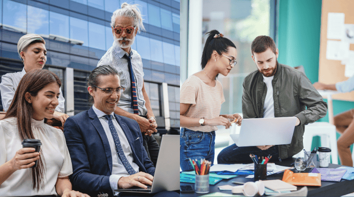 dos imagenes de dos grupos de personas planeando una estrategia de identidad de marca y otro grupo creando una imagen corporotiva