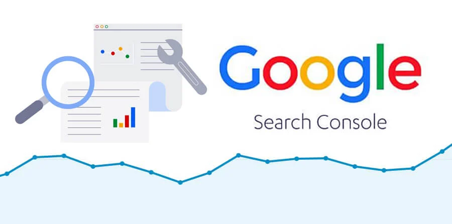logo de google search console y un icono de lupa que investiga unos informes con muchas impresiones