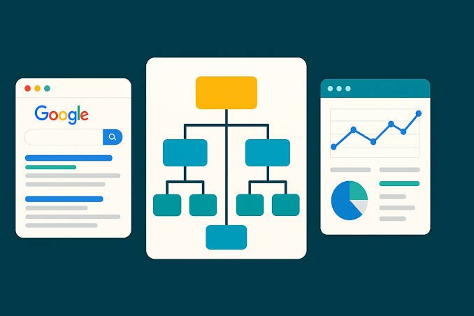 Diagrama de arquitectura web SEO con estructura jerárquica de páginas entre Google Search y un panel de analítica web
